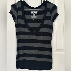 Black and Gray Striped V-Neck Women's Top